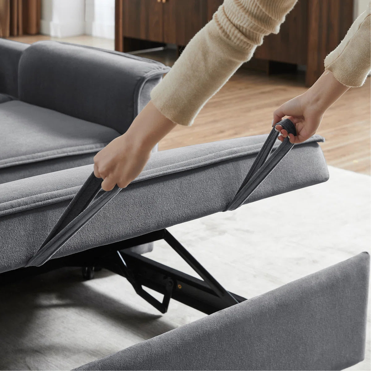 Moderno sofá cama convertible de tela con respaldo ajustable, sofá de 2 plazas con cama extraíble y 2 almohadas lumbares para salas de estar y apartamentos pequeños