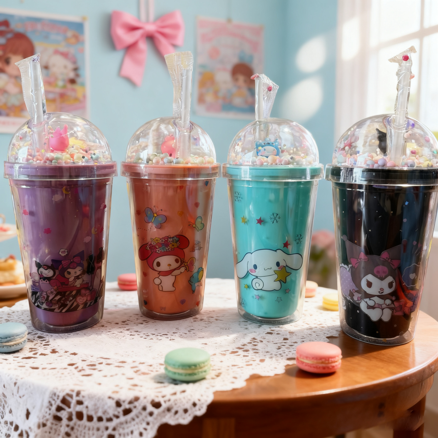 Botellas de Bebida con Tapa de Cúpula Transparente y Popote, con Diseños de Sanrio Anime