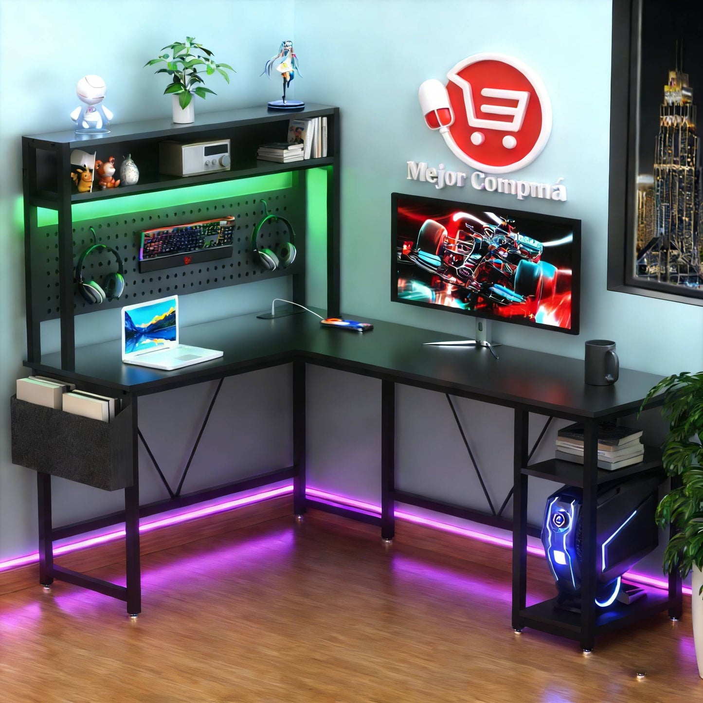 Escritorio L con Librero y Tira de luz