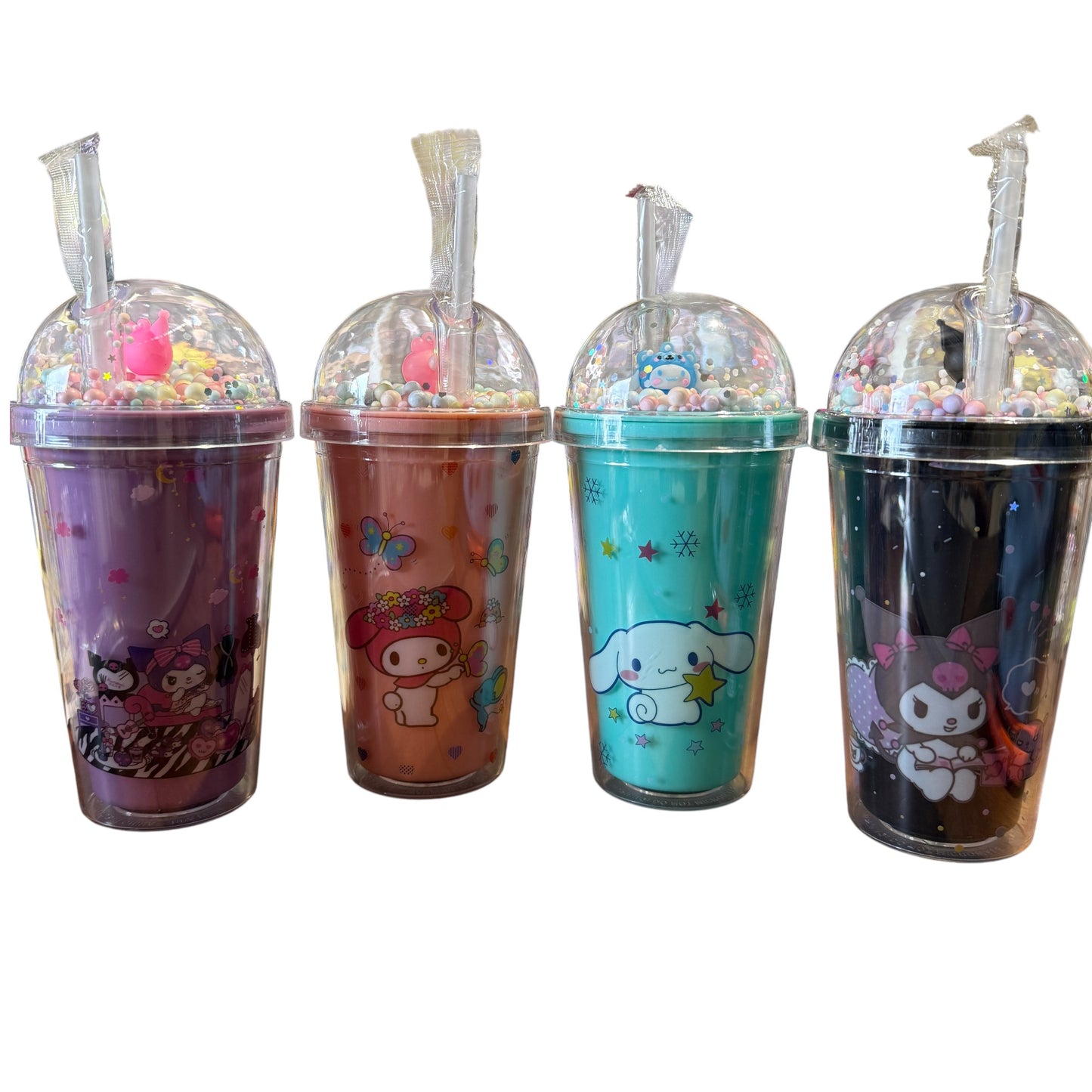 Botellas de Bebida con Tapa de Cúpula Transparente y Popote, con Diseños de Sanrio Anime
