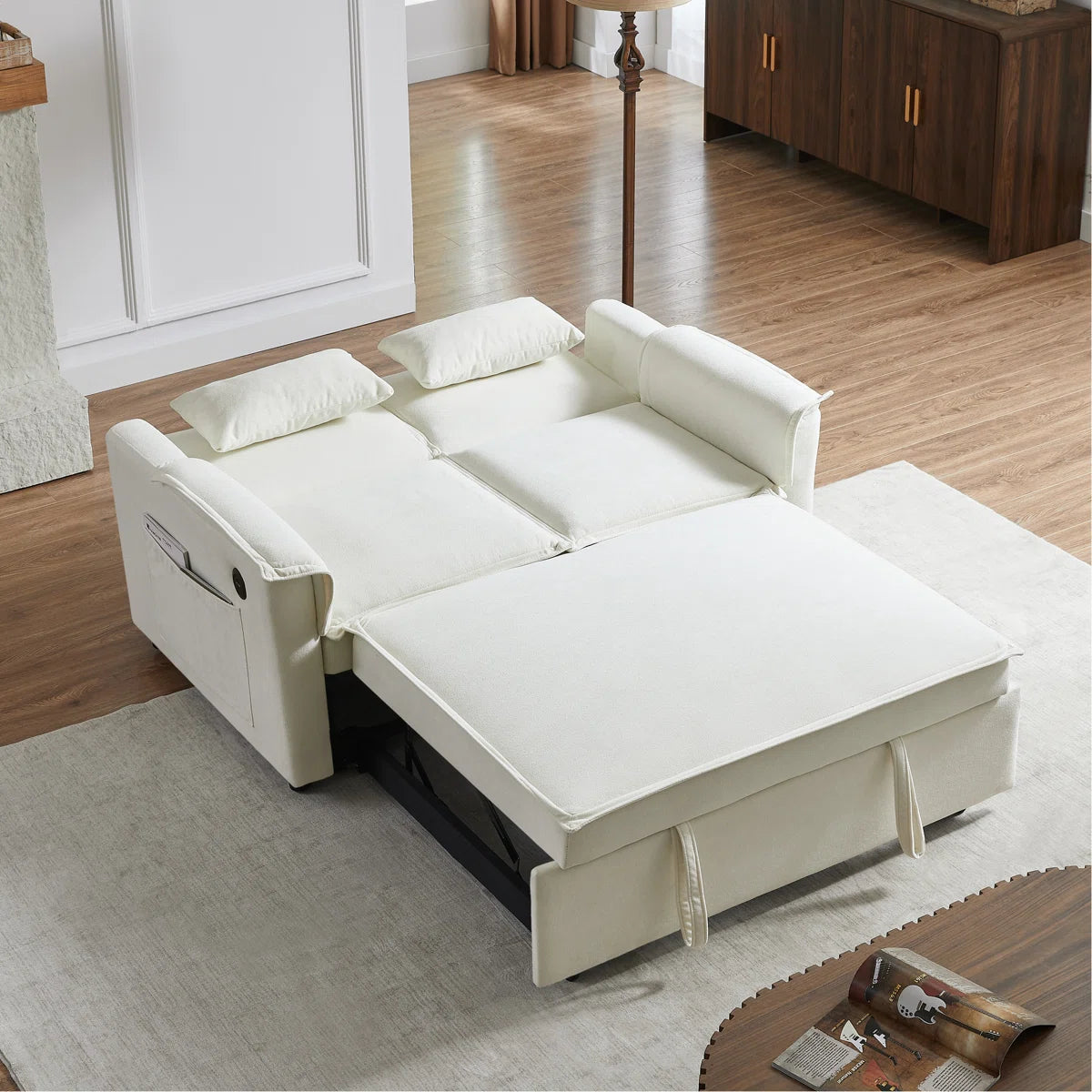 Moderno sofá cama convertible de tela con respaldo ajustable, sofá de 2 plazas con cama extraíble y 2 almohadas lumbares para salas de estar y apartamentos pequeños