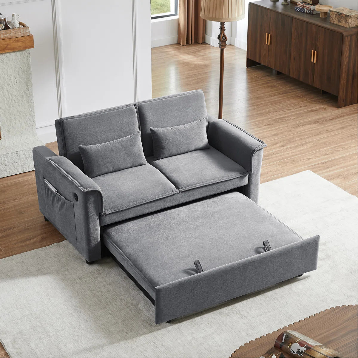 Moderno sofá cama convertible de tela con respaldo ajustable, sofá de 2 plazas con cama extraíble y 2 almohadas lumbares para salas de estar y apartamentos pequeños
