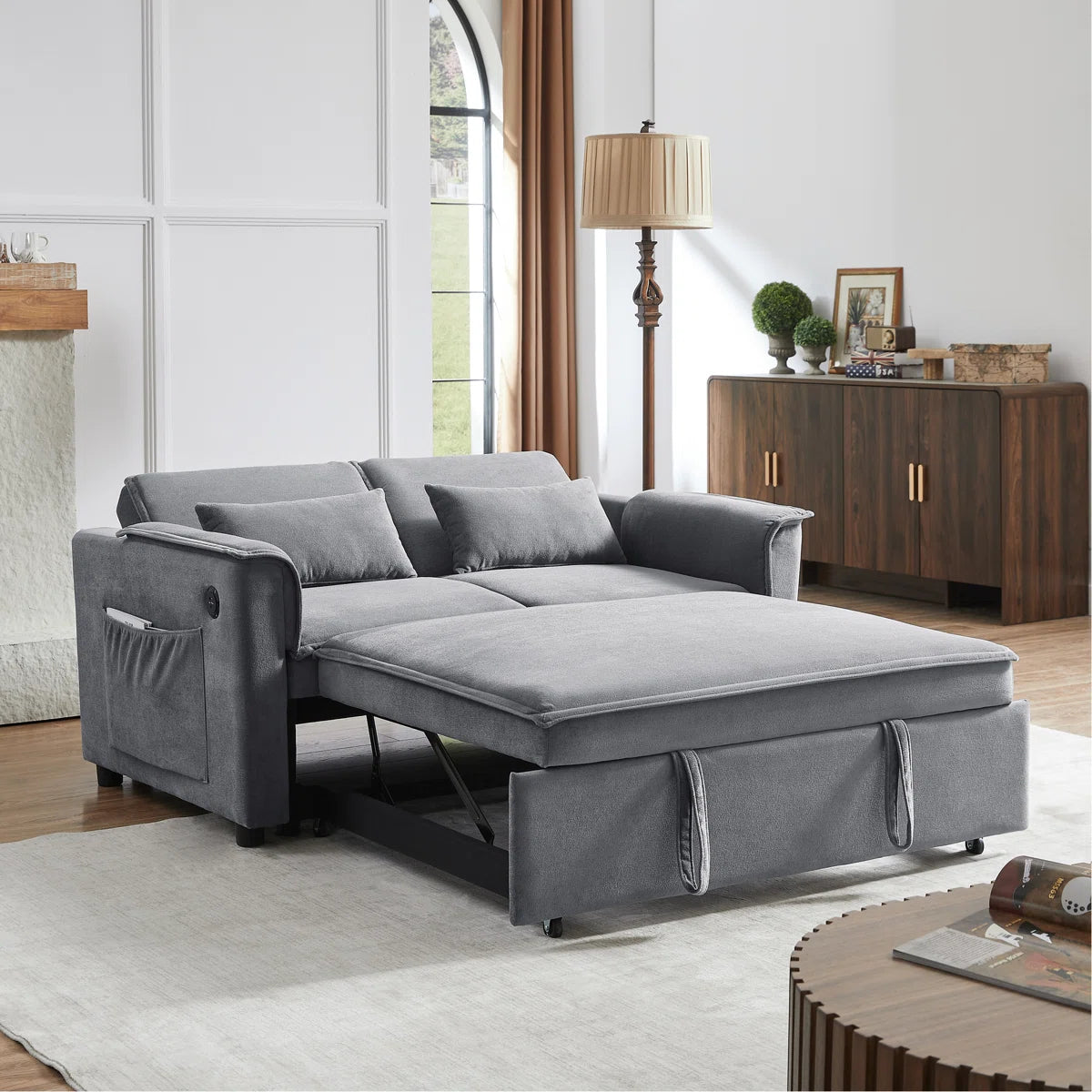 Moderno sofá cama convertible de tela con respaldo ajustable, sofá de 2 plazas con cama extraíble y 2 almohadas lumbares para salas de estar y apartamentos pequeños