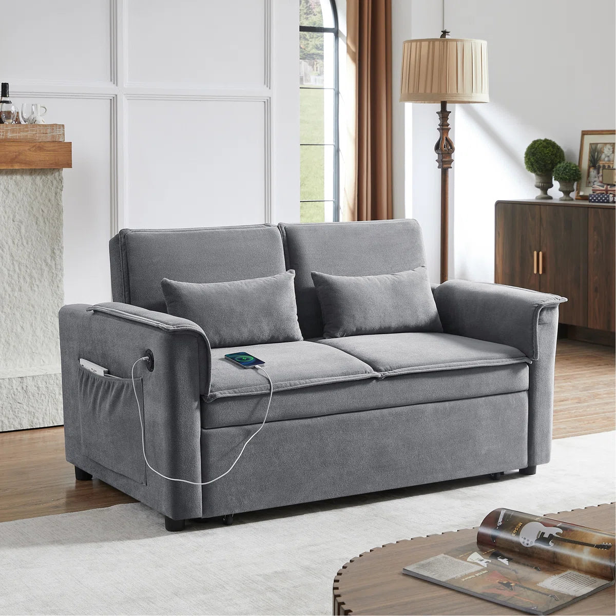 Moderno sofá cama convertible de tela con respaldo ajustable, sofá de 2 plazas con cama extraíble y 2 almohadas lumbares para salas de estar y apartamentos pequeños