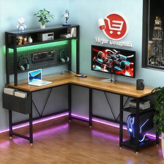 Escritorio L con Librero y Tira de luz