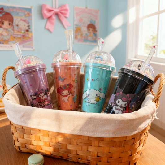 Botellas de Bebida con Tapa de Cúpula Transparente y Popote, con Diseños de Sanrio Anime