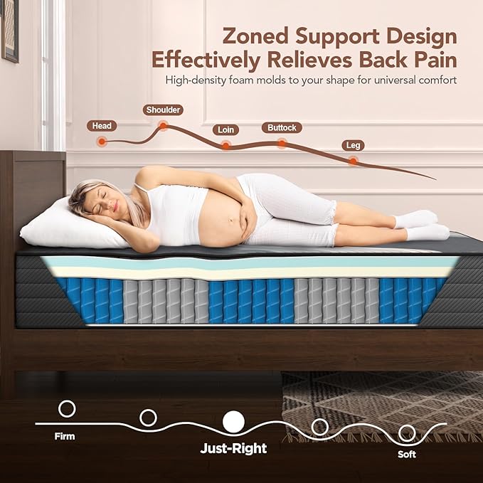 Colchón Queen de 10 pulgadas, colchón Lechepus de 5 zonas de firmeza media con soporte lumbar y hombro, híbrido para alivio de presión, soporte de bordes y aislamiento de movimiento