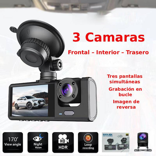 Camara para Carro 3 camaras(Frontal-Interior-Trasero) - Grabación Simultánea en 3 Pantallas, Bucle, Visión Nocturna, HDR (170° Ángulo)