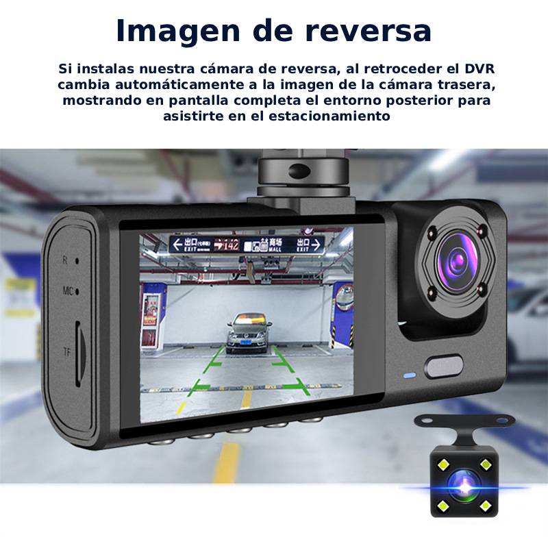Camara para Carro 3 camaras(Frontal-Interior-Trasero) - Grabación Simultánea en 3 Pantallas, Bucle, Visión Nocturna, HDR (170° Ángulo)